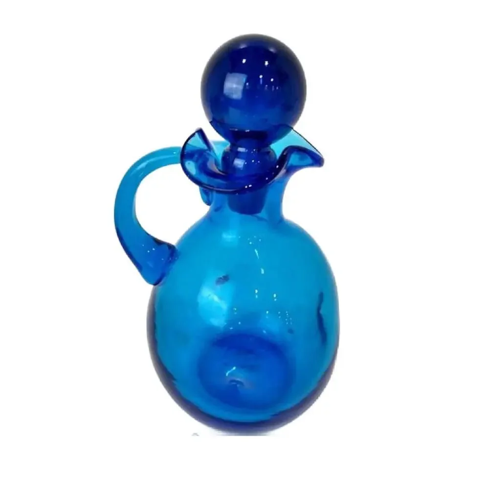 Mid Century Bischoff Pinched Decanter Blue W/stopper  8.75